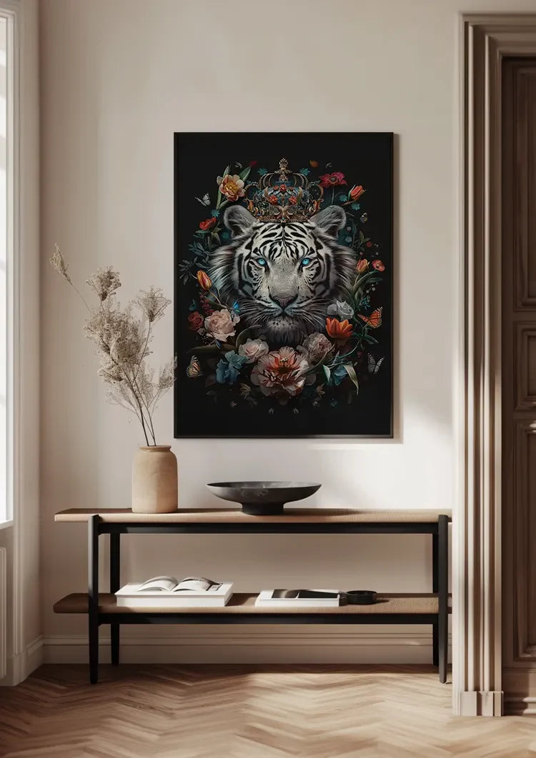 Witte Tijger Blauwe Ogen Bloemenkroon Donkere Achtergrond Majestueus Schilderij