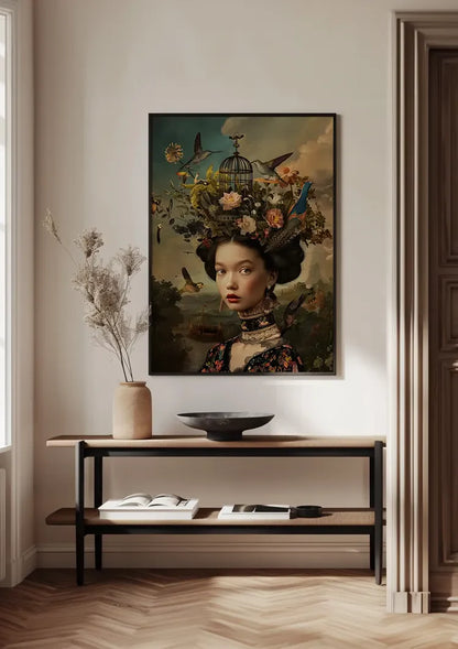 Vrouw Bloemen Vogels Donker Barok Portret Schilderij