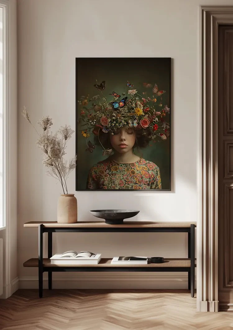 Girl with Flower Crown and Butterflies Dreamy Nature Portrait Painting
