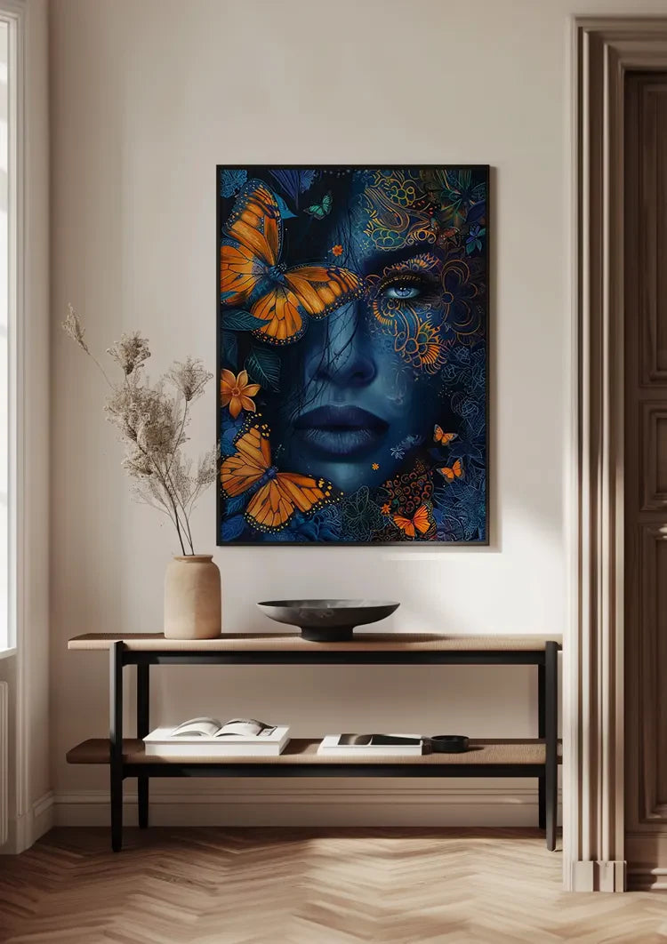 Woman Blue Skin Orange Butterflies Golden Ornament Mystical Painting