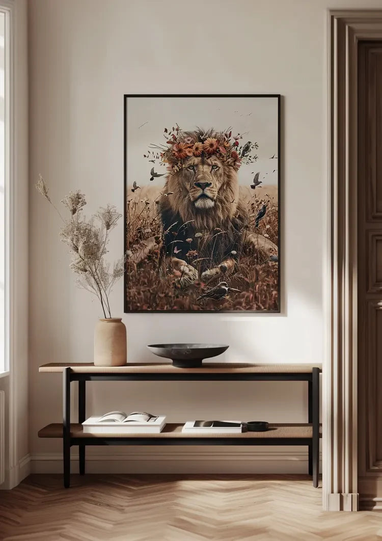 Koninklijke Leeuw Bloemenkrans Goudveld Natuur Portret Schilderij