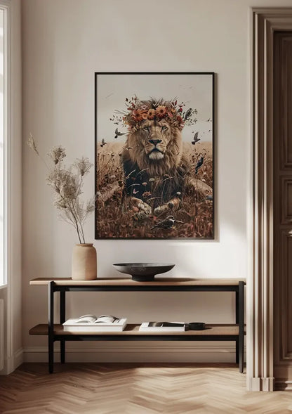 Koninklijke Leeuw Bloemenkrans Goudveld Natuur Portret Schilderij