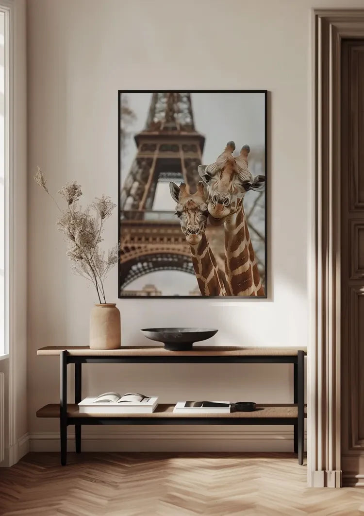 Twee Giraffen Eiffeltoren Parijs Speels Kleurrijk Schilderij