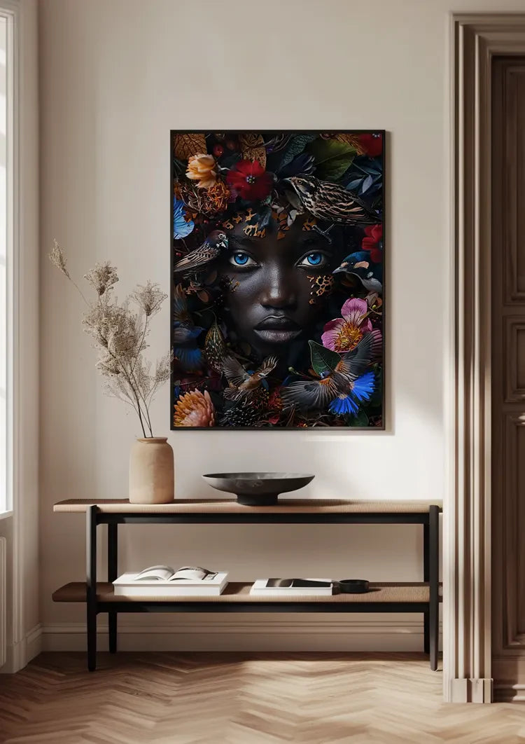 Blauwe Ogen Donker Portret Kleurrijke Bloemen Vogels Natuur Schilderij