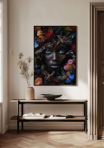 Blauwe Ogen Donker Portret Kleurrijke Bloemen Vogels Natuur Schilderij