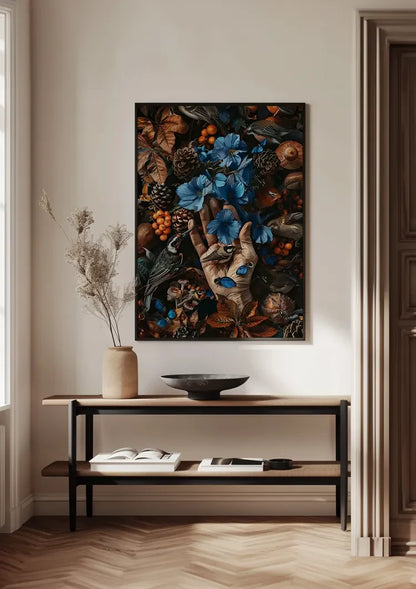 Hand umgeben von Blumen, Fauna, farbenprächtig, dunkel, Natur, Gemälde