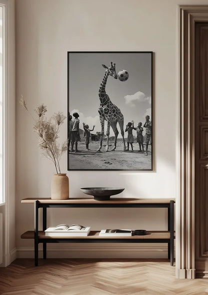 Giraffe Fußball Kinder Spielerisch Schwarz Weiß Lustiges Gemälde