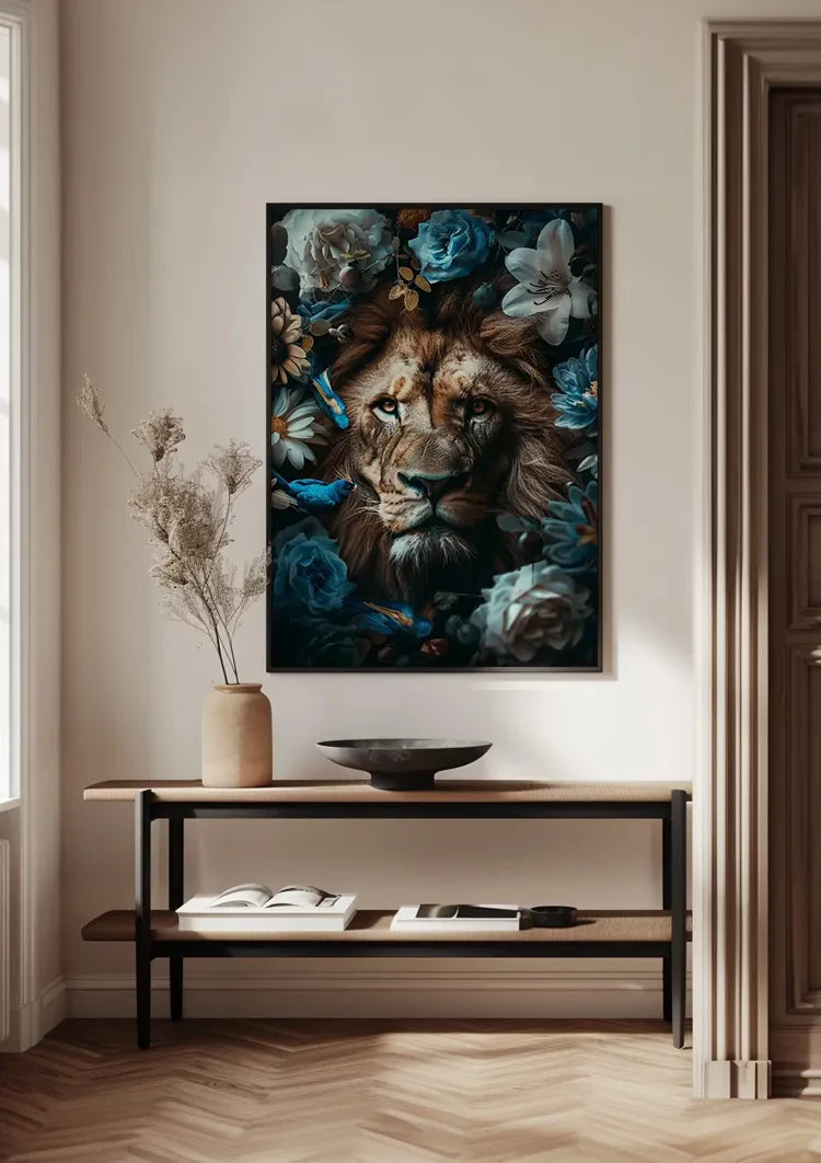 Leeuw Blauwe Bloemen Vlinders Kleurrijk Savanne Portret Schilderij