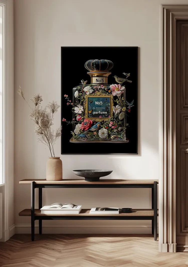 Parfumfles Bloemen Vogels Zwarte Achtergrond Schilderij