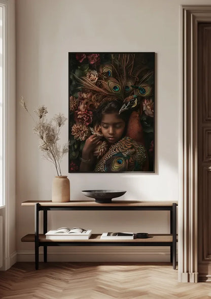 Peacock Dream Prince Girl Warm Feathers Flowers Colorful Fantasy Portrait Painting