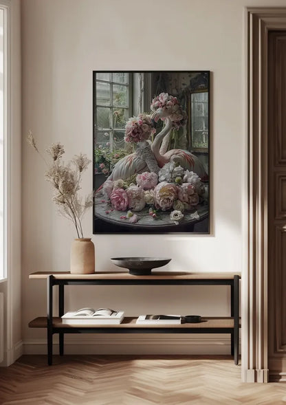 Flamingo und Rosa Blüten Vintage Zimmer Romantisches Verträumtes Gemälde