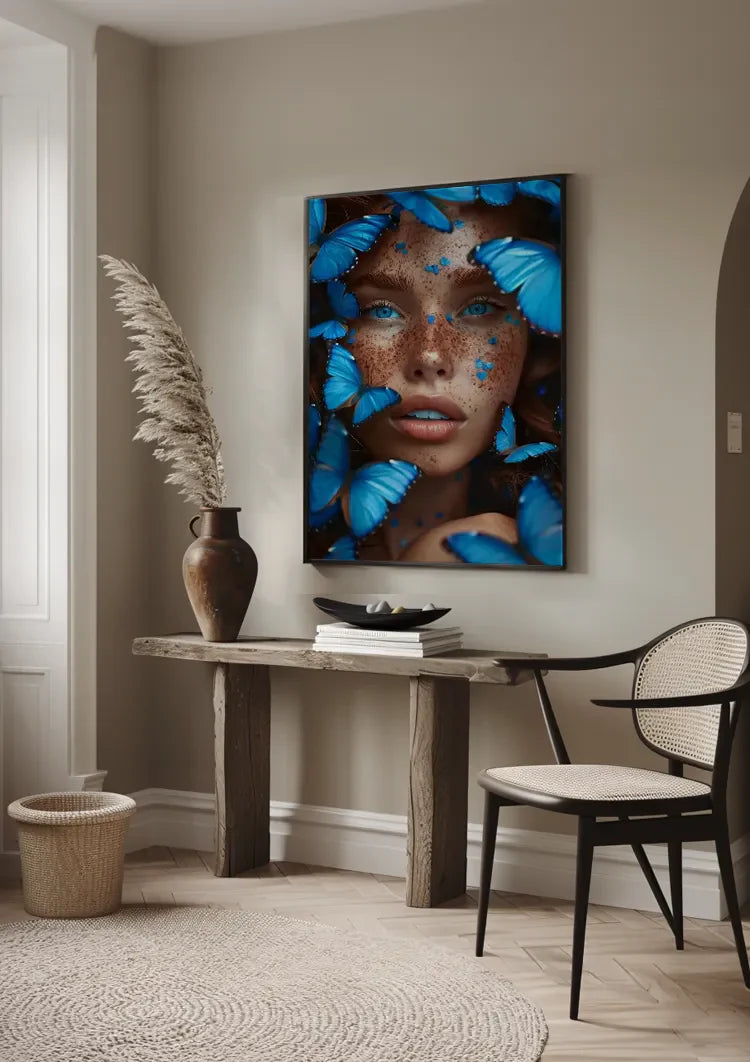 Female Portrait Surrounded by Blue Butterflies Dramatic Colorful Painting
