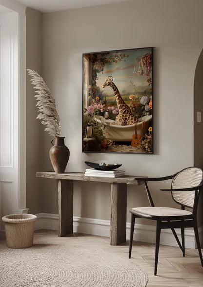 Giraf In Bad Kleurrijke Bloemen Surrealistisch Dromerig Schilderij
