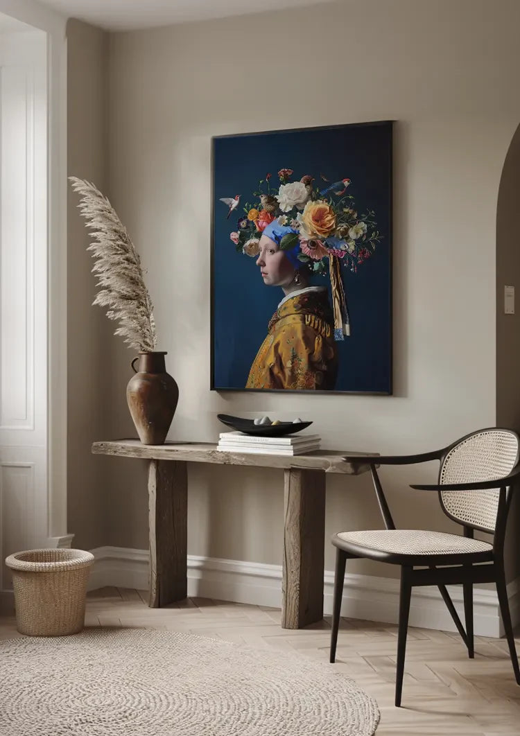 Girl with a Pearl Floral Crown Colorful Flowers Modern Baroque Painting