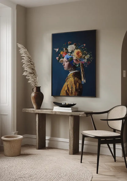 Girl with a Pearl Floral Crown Colorful Flowers Modern Baroque Painting