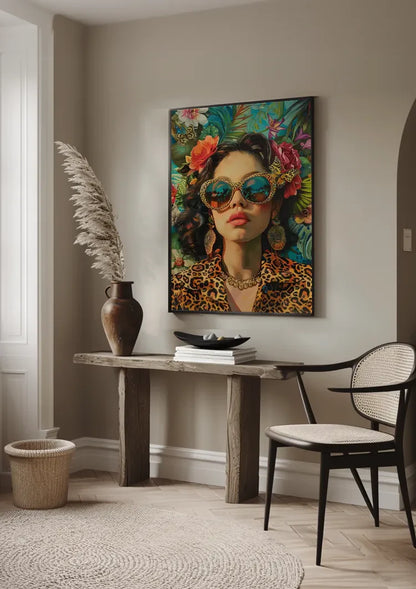Stilvolle Frau Schmetterlingsbrille Leopardenmuster Tropische Blumen Glamouröses Gemälde
