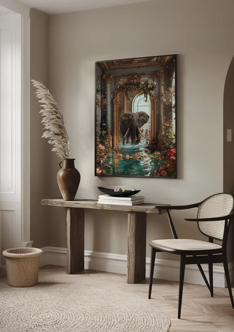 Olifant Fantasie Barokke Zaal Gouden Ornament Bloemen Water Surrealistisch Schilderij