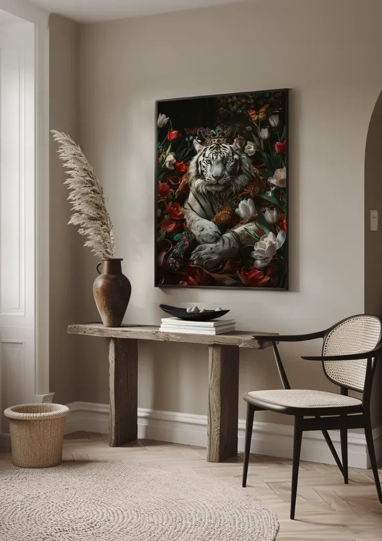 Witte Tijger Kroon Kleurrijke Bloemen Vlinders Donkere Achtergrond Fantasie Schilderij