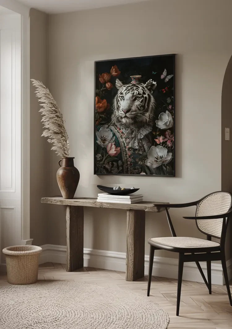 Witte Tijger Barok Kostuum Bloemen Vlinders Vaas Elegant Portret Schilderij
