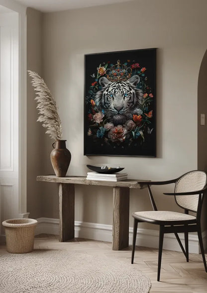 Witte Tijger Blauwe Ogen Bloemenkroon Donkere Achtergrond Majestueus Schilderij