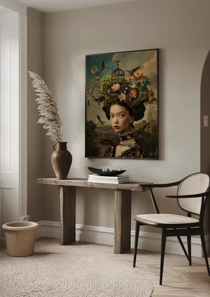 Vrouw Bloemen Vogels Donker Barok Portret Schilderij