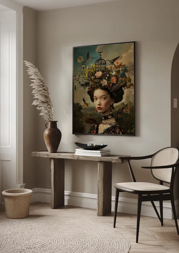 Vrouw Bloemen Vogels Donker Barok Portret Schilderij