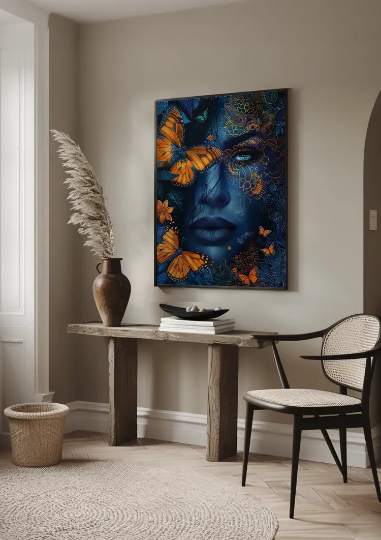 Woman Blue Skin Orange Butterflies Golden Ornament Mystical Painting