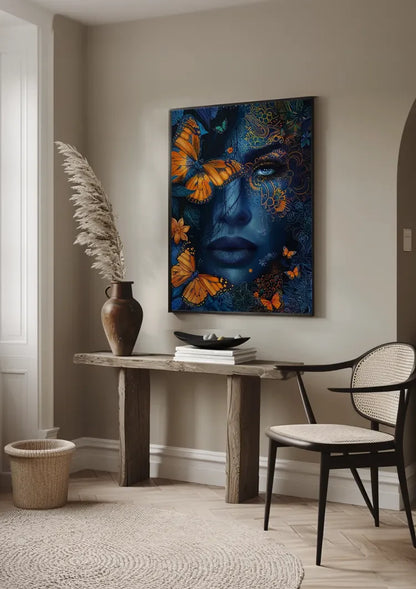Woman Blue Skin Orange Butterflies Golden Ornament Mystical Painting