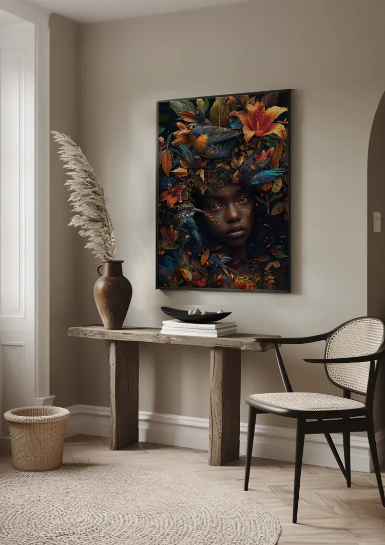 Vrouw Tropische Vogels Kleurrijke Bloemen Natuur Portret Schilderij
