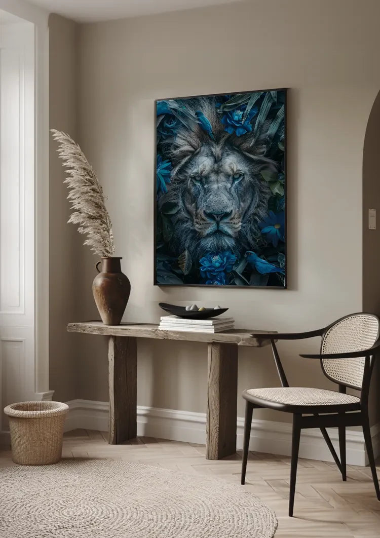 Majestueuze Leeuw Blauwe Bloemen Natuur Portret Schilderij