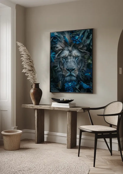 Majestueuze Leeuw Blauwe Bloemen Natuur Portret Schilderij