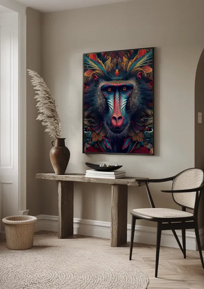 Kleurrijke Mandril Blauw Rood Gezicht Patroon Exotisch Portret Schilderij