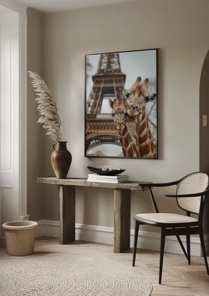 Twee Giraffen Eiffeltoren Parijs Speels Kleurrijk Schilderij