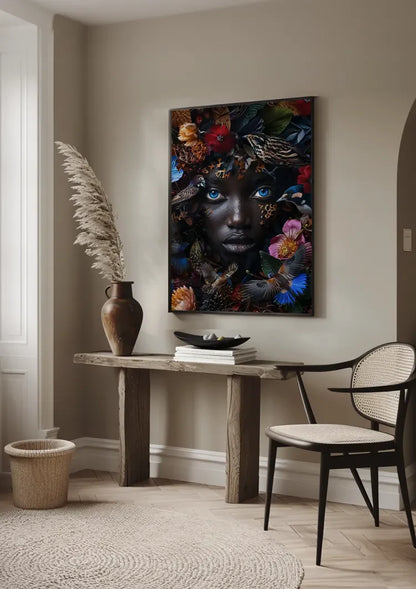 Blauwe Ogen Donker Portret Kleurrijke Bloemen Vogels Natuur Schilderij