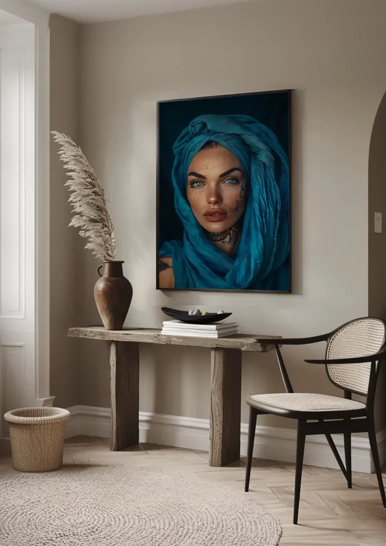 Orientalische Frau Blaue Augen Türkiser Hijab Mysteriöses Porträt Gemälde