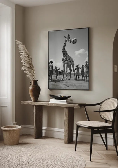 Giraffe Fußball Kinder Spielerisch Schwarz Weiß Lustiges Gemälde