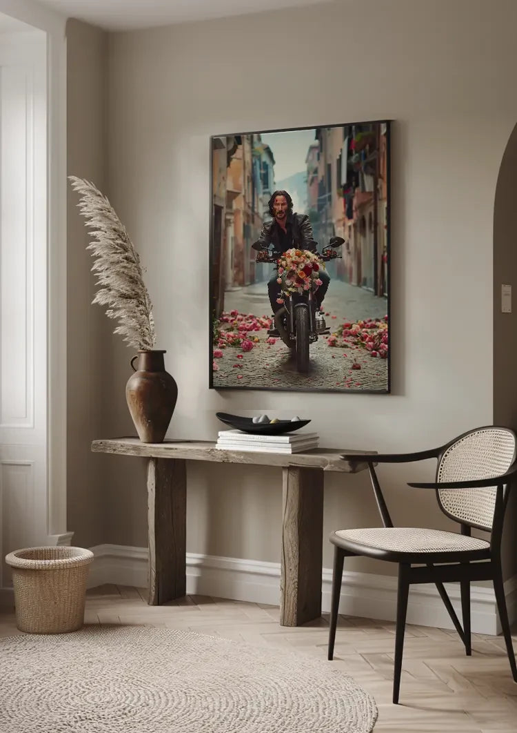 John Wick Motor Colorful Flowers Street Cinematic Portrait Painting