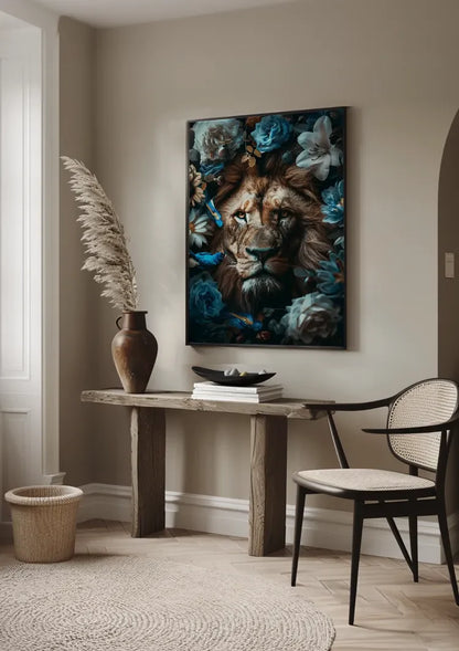 Leeuw Blauwe Bloemen Vlinders Kleurrijk Savanne Portret Schilderij