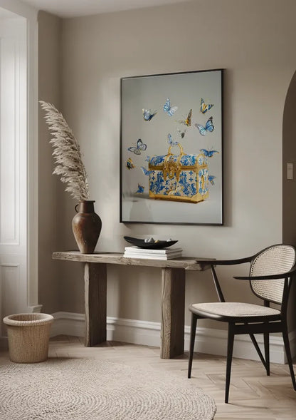 Louis Vuitton Gold Suitcase Blue Flowers Butterflies Luxury Painting