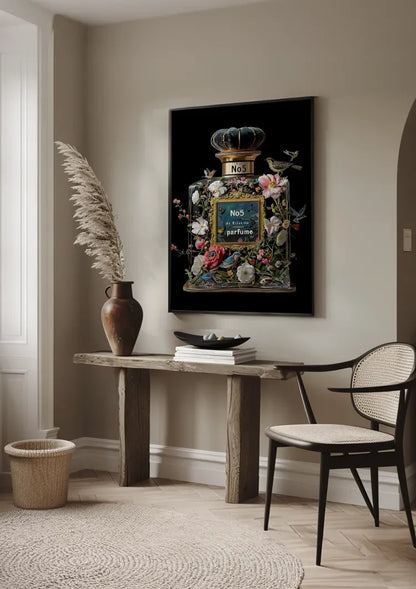 Parfumfles Bloemen Vogels Zwarte Achtergrond Schilderij