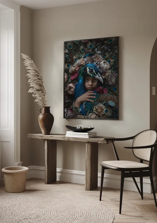 Peacock King Child Blue Feathers Flowers Colorful Fantasy Portrait Painting