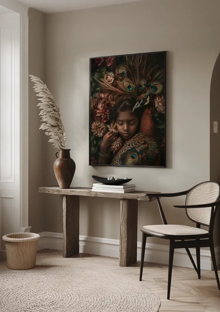 Peacock Dream Prince Girl Warm Feathers Flowers Colorful Fantasy Portrait Painting