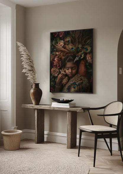 Peacock Dream Prince Girl Warm Feathers Flowers Colorful Fantasy Portrait Painting