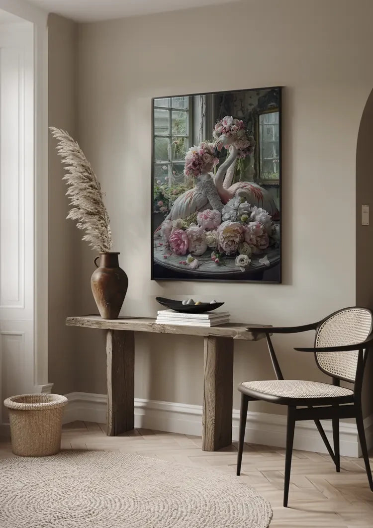 Flamingo und Rosa Blüten Vintage Zimmer Romantisches Verträumtes Gemälde