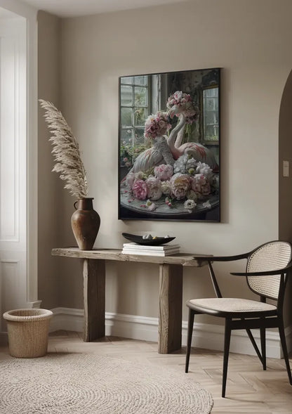 Flamingo und Rosa Blüten Vintage Zimmer Romantisches Verträumtes Gemälde