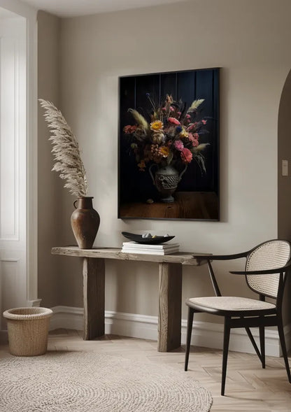Varied Flowers Vase Orange Pink Dark Background Classic Painting