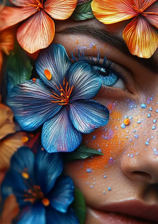 Vrouwenportret met bloemen canvas schilderij in blauw en oranje
