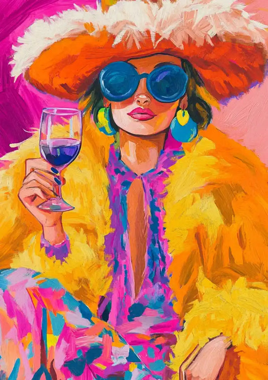 Extravagante vrouw canvas schilderij met veren hoed en gele bontjas