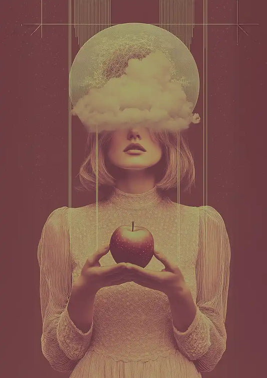 Surrealist Female Portrait With Cloud And Red Apple Vintage Painting