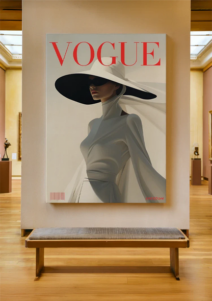 Vogue Cover Elegante Frau Graues Kleid Schwarzer Hut Minimalistische Mode Gemälde